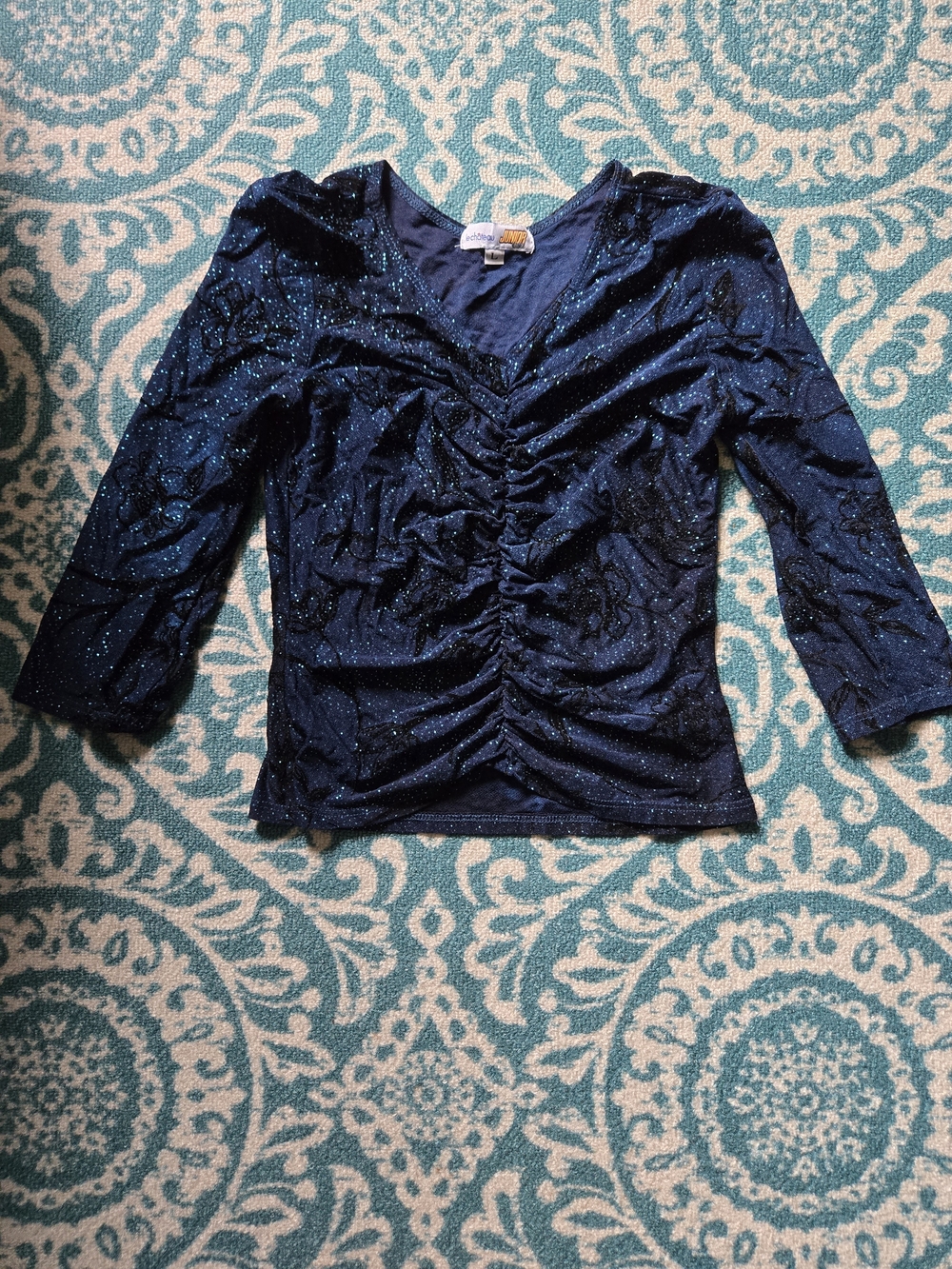 le chateau Navy Blue Glitter Ruched V-Neck Top